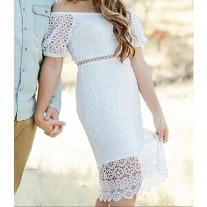 Express Womens Off Shoulder Crochet Lace Midi Dress Size M Wedding Special Event